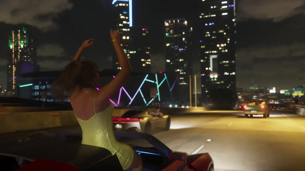 GTA VI night drive illustrating a creator handle and playing-on-server banner