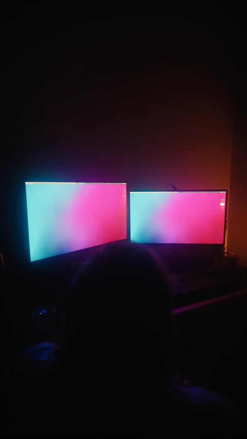 An editor working at a desk lit only by two monitors